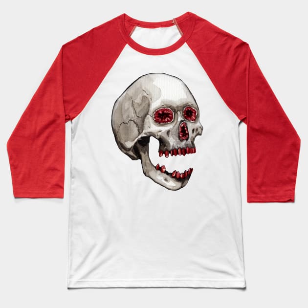 Ruby Geode Crystal Skull Baseball T-Shirt by Heather Dorsch Creations